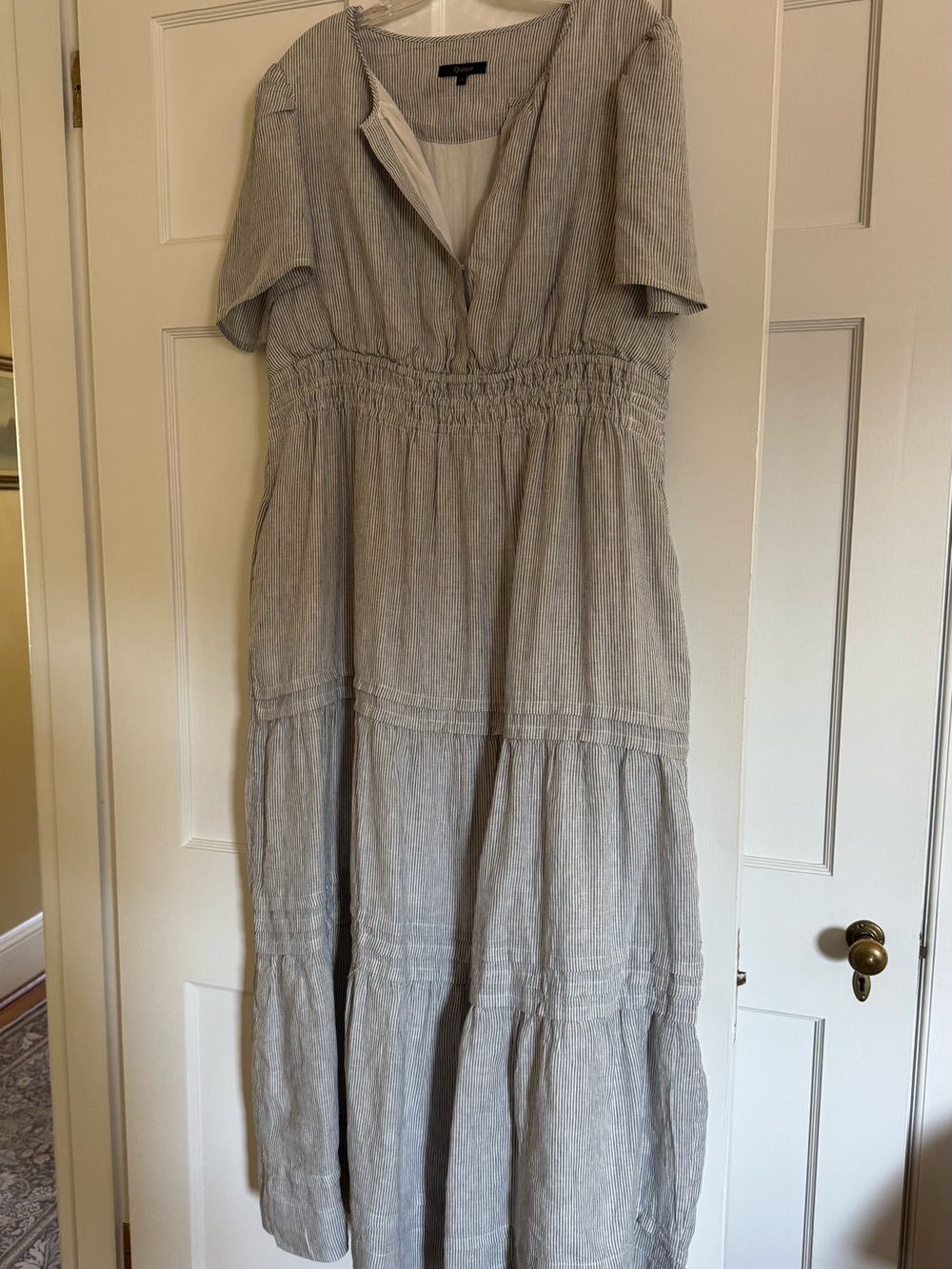 Quince - 100% European Linen Tiered Maxi Dress, Blue Pinstripe